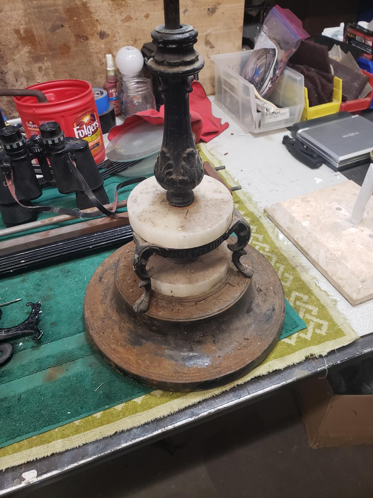 unfinished antique metalic and ivory lamp base with metalic legs