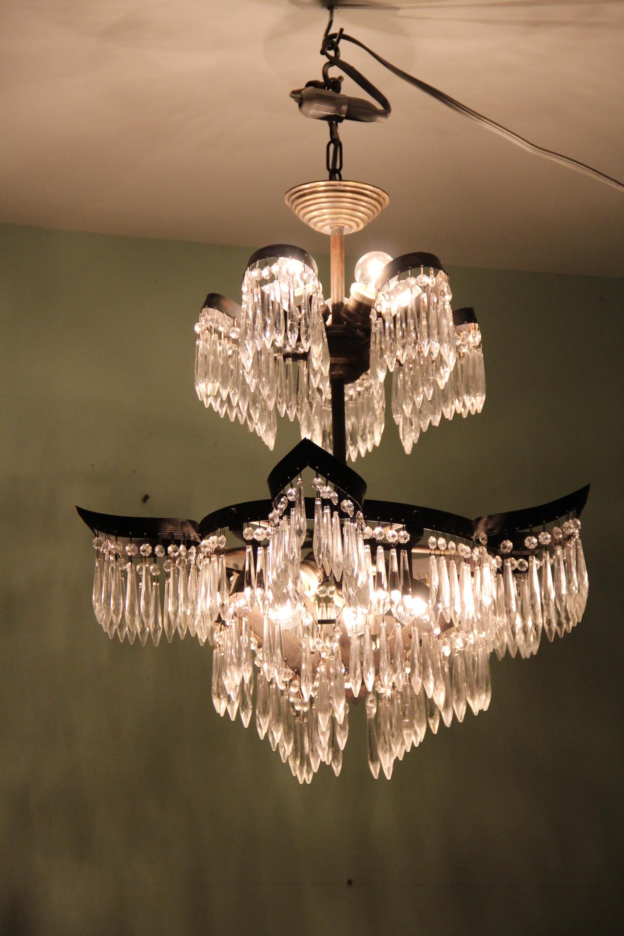 two tier chandelier with hanging crystals