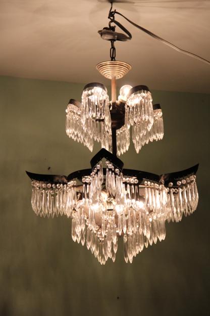 two tier chandelier with hanging crystals